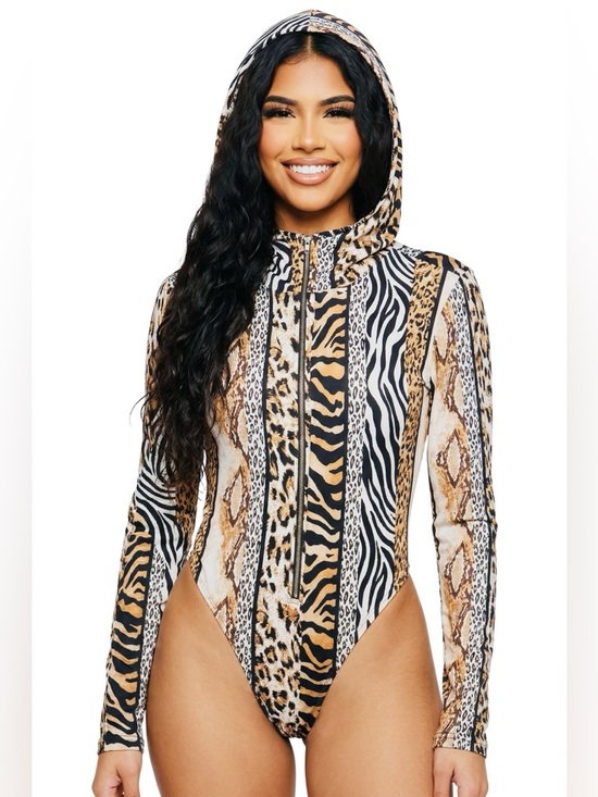 AKIRA Tops - AKIRA Hooded Animal Print Long-Sleeve Bodysuit